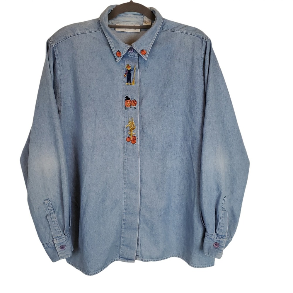 Halloween Peter Martin Women's Size 16 Light Wash Blue Denim Shirt Fall Holiday